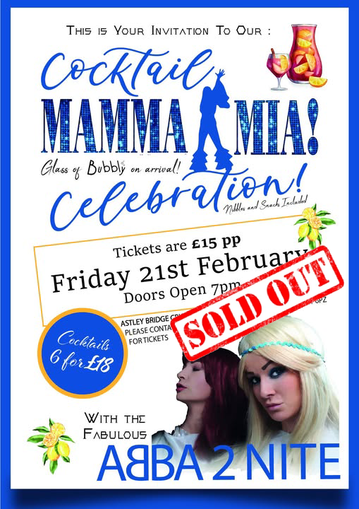 A poster advertising the upcoming event at Astley Bridge Cricket Club, a tribute night for ABBA, focussing on Mamma Mia.