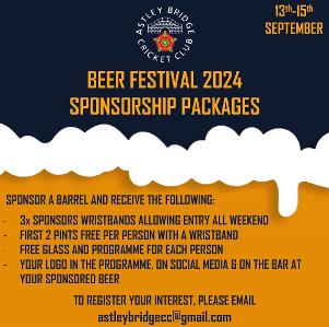A poster advertising Astley Bridge Cricket Club's annual Beer Festival happening on the weekend of the  13th September.