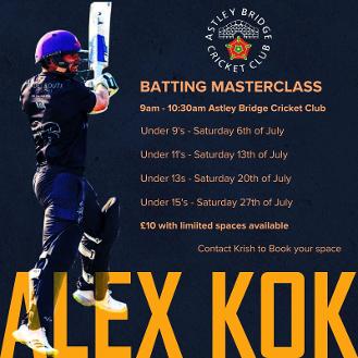 A poster advertising the upcoming Pro Masterclass' happening at Astley Bridge Cricket Club.