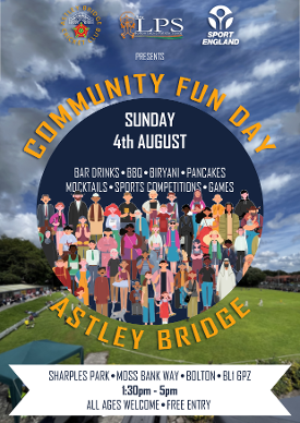 A poster advertising the upcoming Astley Bridge Community Fun Day happening on Sunday 4th August.