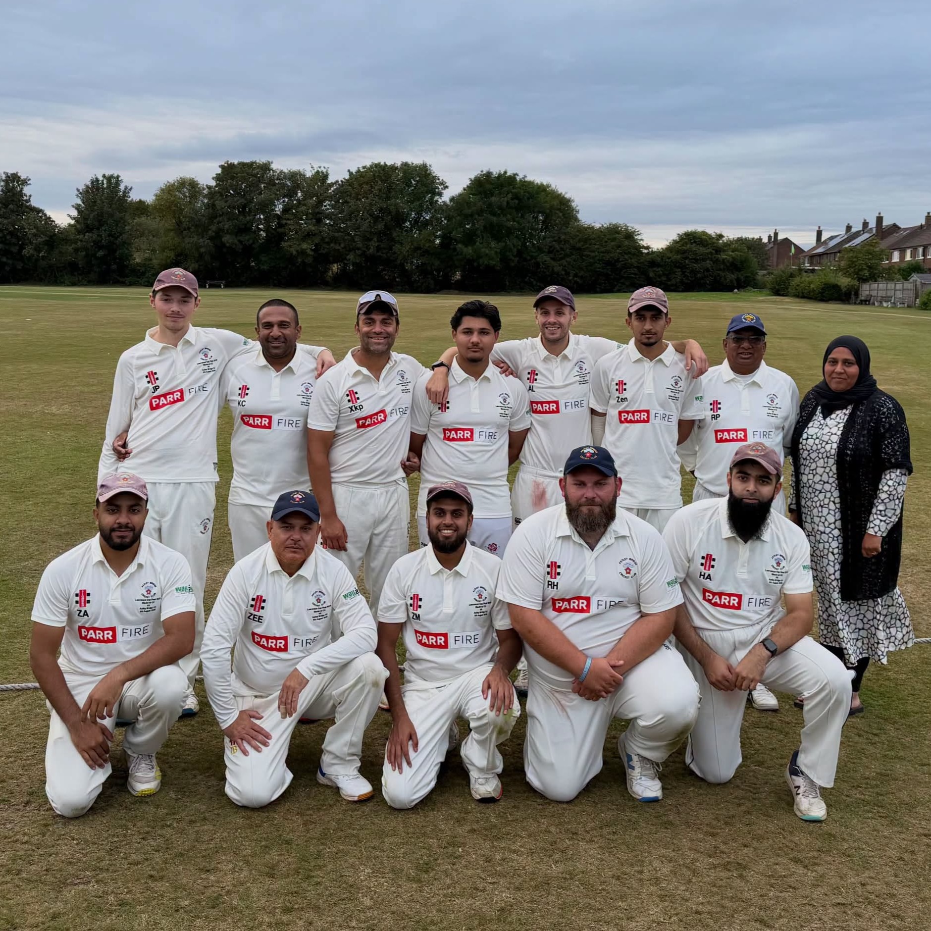 Announcement graphic for Astley Bridge Cricket Club featuring Morgan Duffy. Morgan is in the centre wearing a cricket top holding a bat. A smaller black-and-white action shot of him batting is placed on the right.