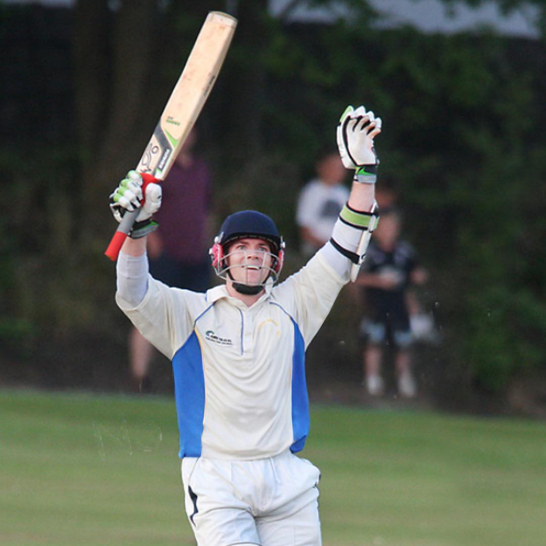 Announcement graphic for Astley Bridge Cricket Club featuring Morgan Duffy. Morgan is in the centre wearing a cricket top holding a bat. A smaller black-and-white action shot of him batting is placed on the right.