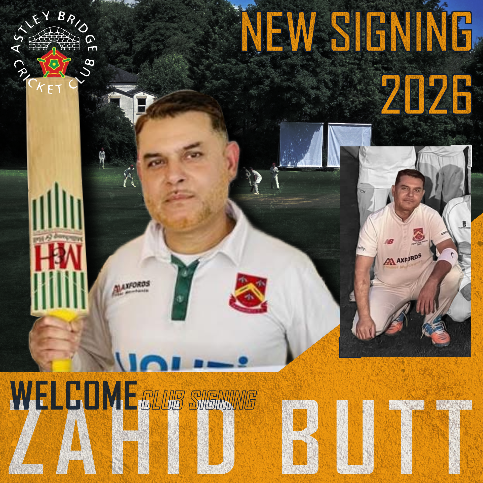 Announcement graphic for Astley Bridge Cricket Club featuring Morgan Duffy. Morgan is in the centre wearing a cricket top holding a bat. A smaller black-and-white action shot of him batting is placed on the right.