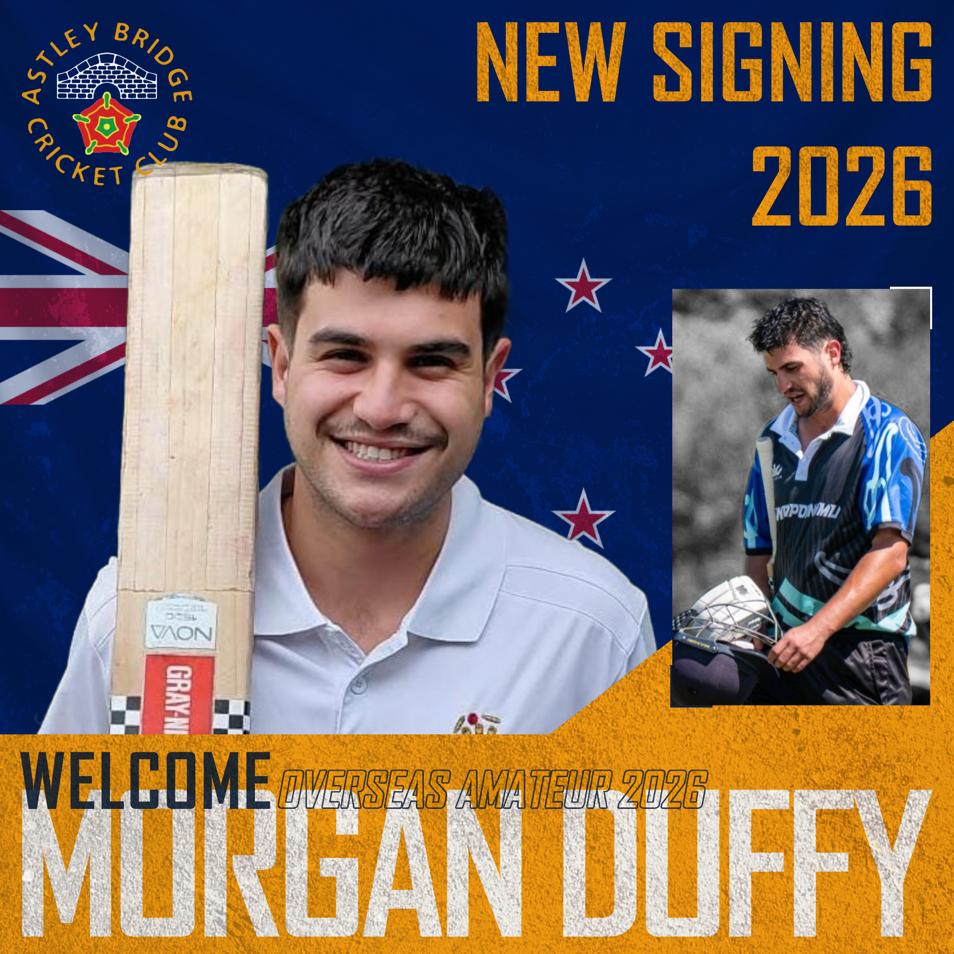 Announcement graphic for Astley Bridge Cricket Club featuring Morgan Duffy. Morgan is in the centre wearing a cricket top holding a bat. A smaller black-and-white action shot of him batting is placed on the right.