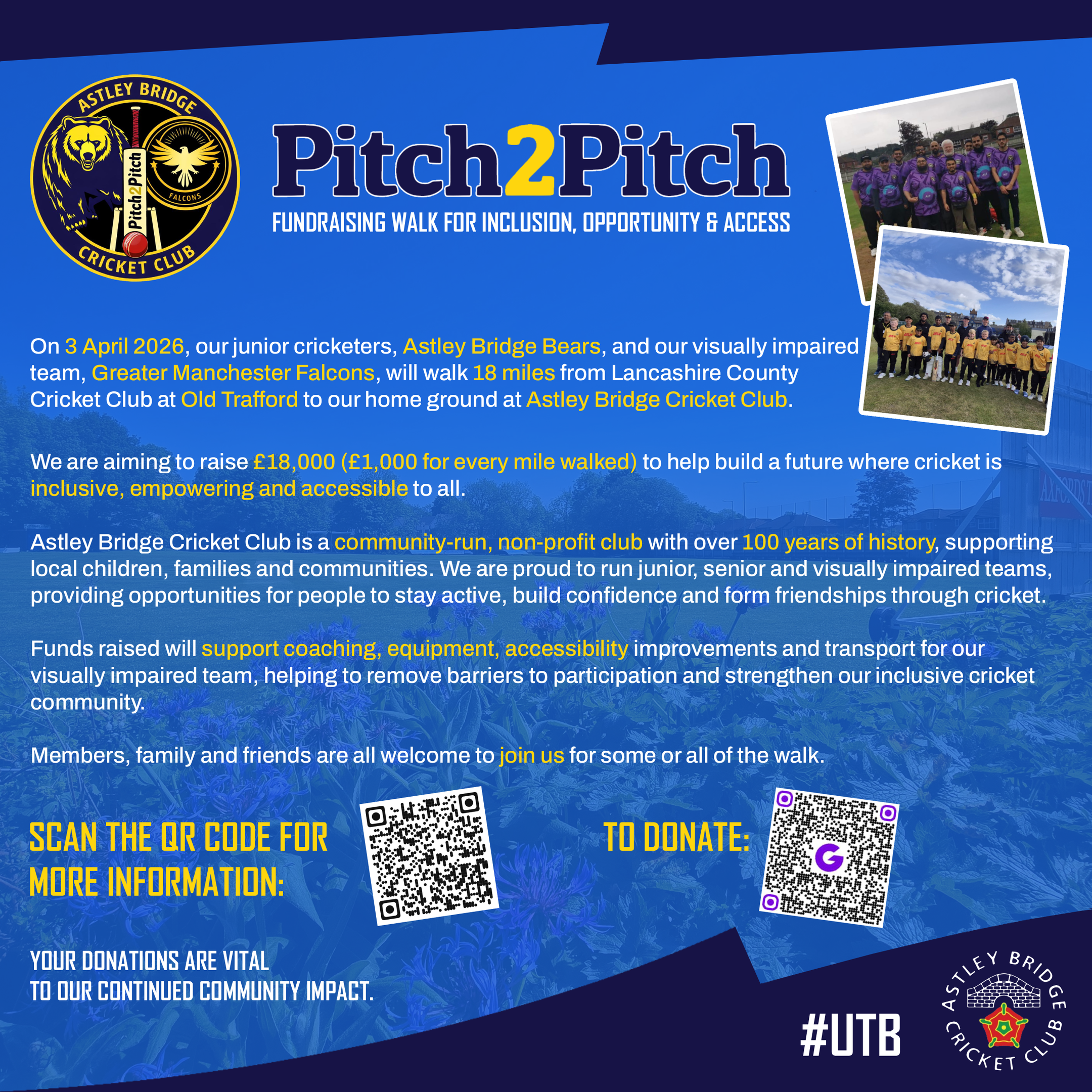 Announcement graphic for Astley Bridge Cricket Club featuring Morgan Duffy. Morgan is in the centre wearing a cricket top holding a bat. A smaller black-and-white action shot of him batting is placed on the right.