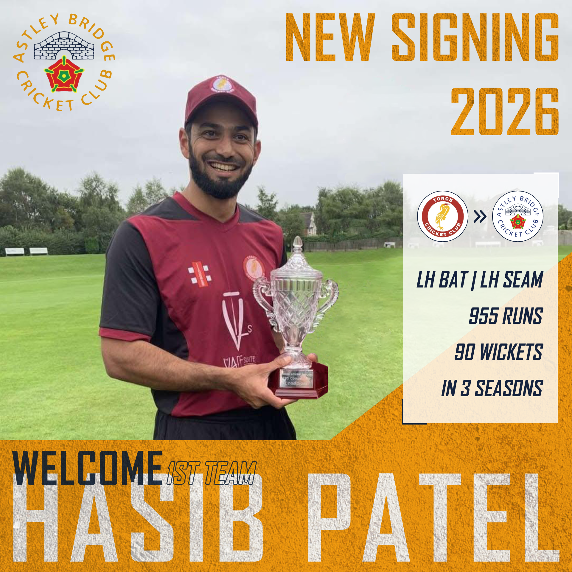 Announcement graphic for Astley Bridge Cricket Club featuring Morgan Duffy. Morgan is in the centre wearing a cricket top holding a bat. A smaller black-and-white action shot of him batting is placed on the right.